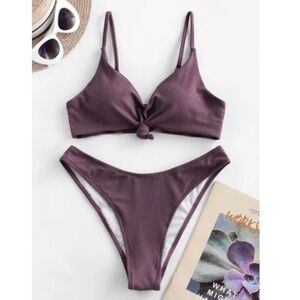 Nwt Zaful Knot Front Ribbed Bikini Plum